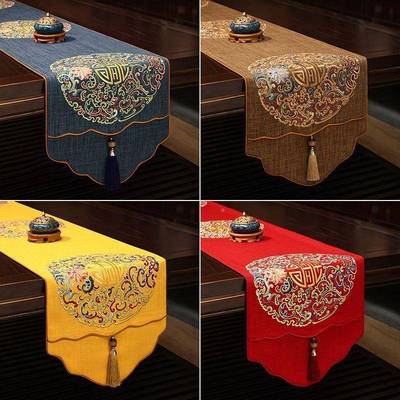 F8桌H中条式桌旗棉中国风麻刺绣茶茶旗茶几布床YBP旗电视柜盖布长