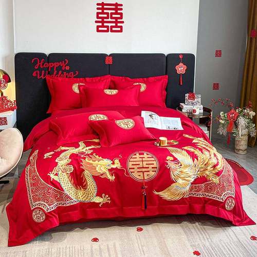 高档龙凤婚庆刺四件套大色绣红被用套结婚床上品陪ZJF33268嫁婚房