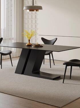 现代简约黑色岩板餐桌组合家椅用小风户客厅长方形THF岛台奶油型