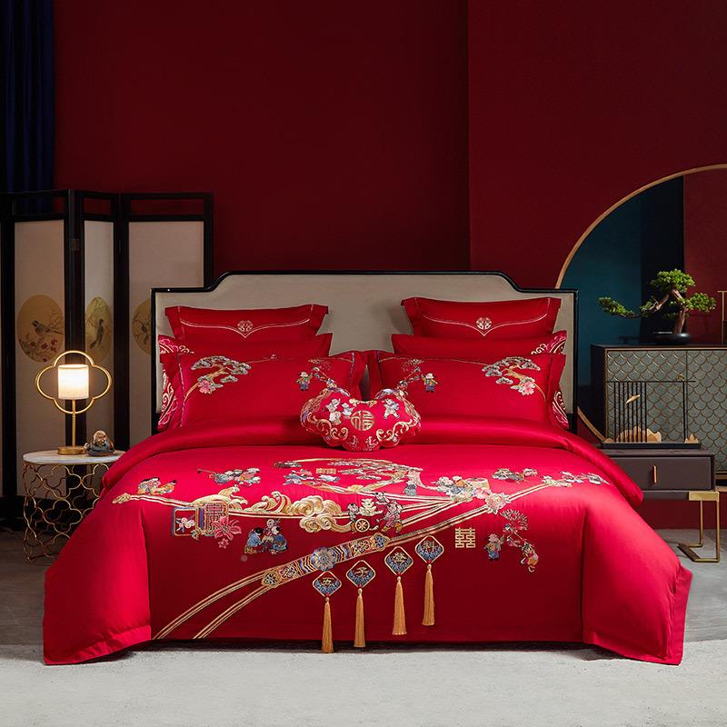 通用款1刺40s六支全棉婚庆四件套绣房床上用品大红色喜被子婚结婚