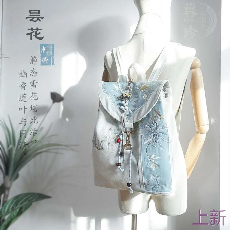 15寸电脑中国风古风汉服文艺复古民族风刺绣帆布双肩包少女新款