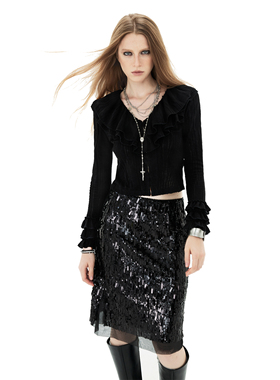 RIPTHETIE荷叶边黑色针织衫V领显瘦长袖上衣百搭层次感纯欲开衫