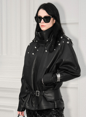 RIPTHETIE原创重工黑色设计感铆钉加厚皮衣立领宽松短款外套上衣