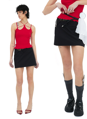 RIP THE TIE黑色蕾丝拼接短裙 西装领腰头黑色夏日休闲辣妹短裙