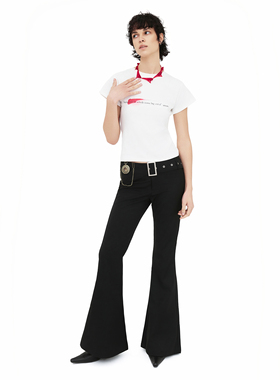 RIP THE TIE 时髦黑色薄款微喇叭女休闲裤 V型腰头长腿显瘦神裤