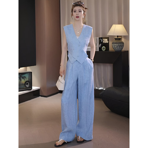 蓝色休闲时尚无袖上衣2025夏新款收腰显瘦气质优雅设计感长裤套装