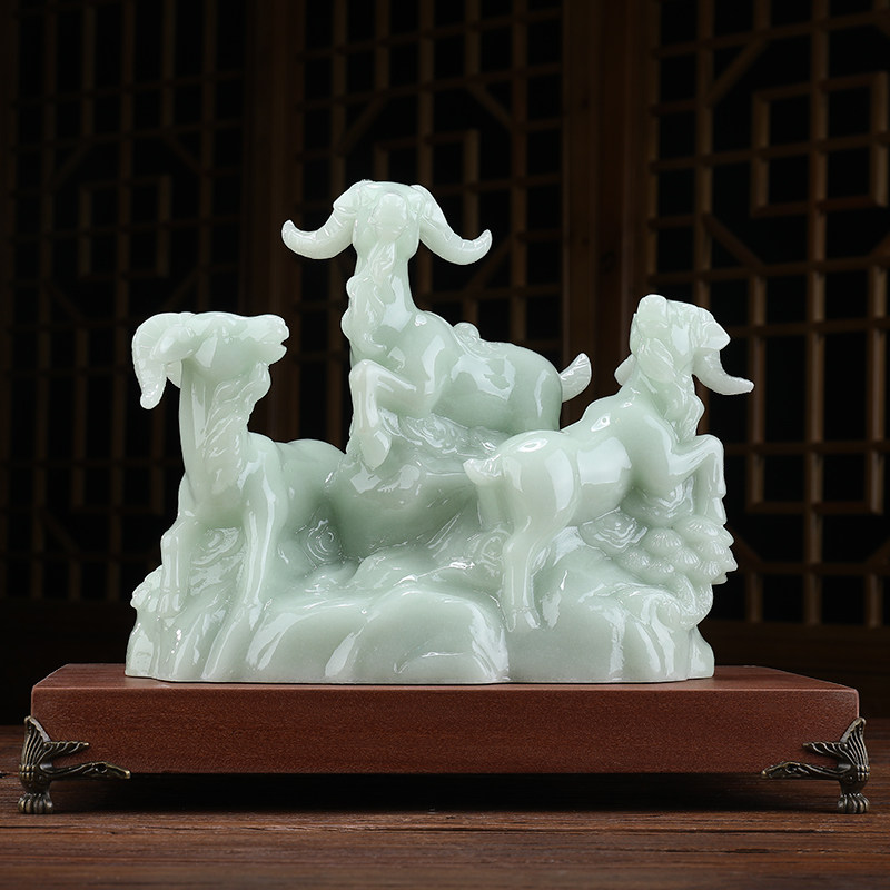 玉石三羊开泰生肖羊摆件三阳开泰招财高档M家居客厅酒柜装饰工艺