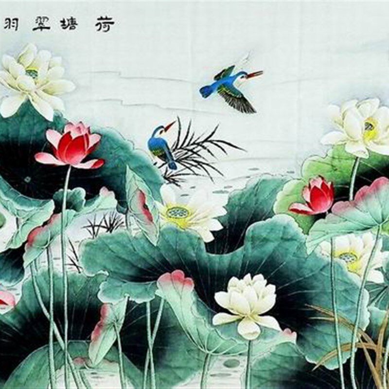 纯手绘字画装饰画顾雪芳八尺w国画工笔画花鸟牡丹荷花仙鹤九鱼图G