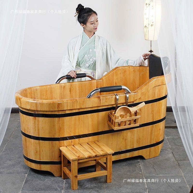 洗澡木桶家用缸香柏木熏蒸加盖浴扶手洗澡浴10080485人盆桶成沐浴