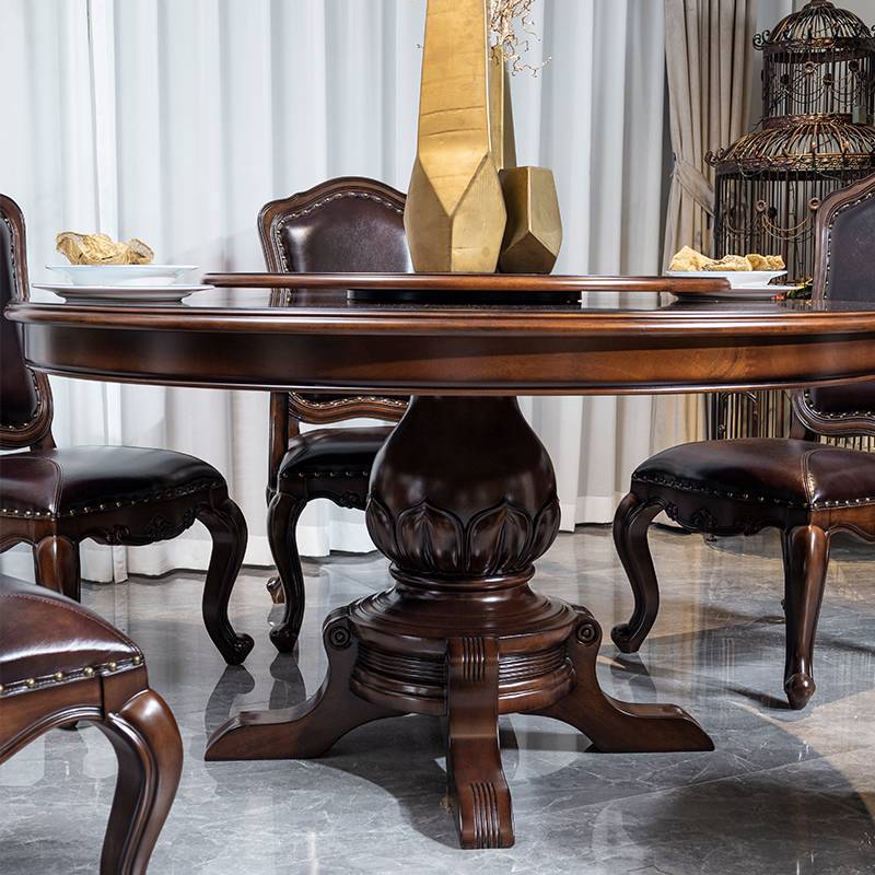 7K美式乡村实木餐桌椅组合家用欧式大餐桌圆形转盘胡桃木吃饭桌子