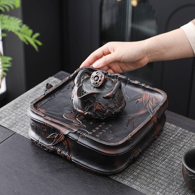 紫陶新款创意干湿分离小型茶台储水复古雕刻干泡盘沥水小托盘茶海