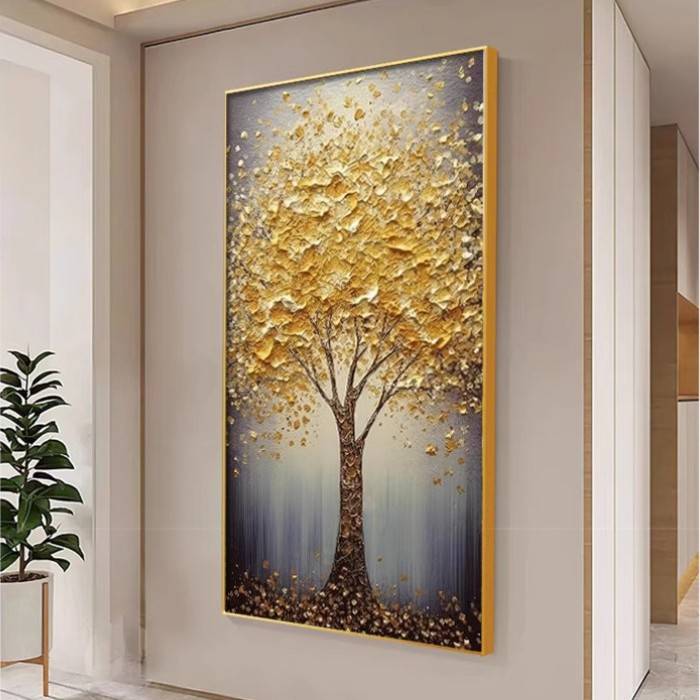 纯手绘发财树油画轻奢抽象画客厅装饰画简约肌理玄关挂画图片