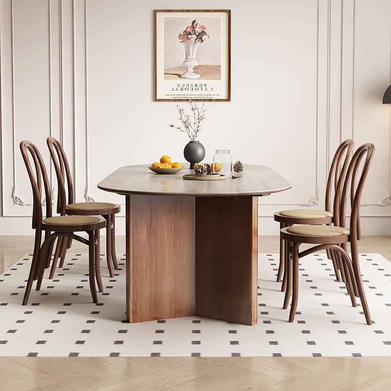 7K中古饭风石岩板餐桌椭圆形0003客厅实木餐桌复古奶法式油风家洞