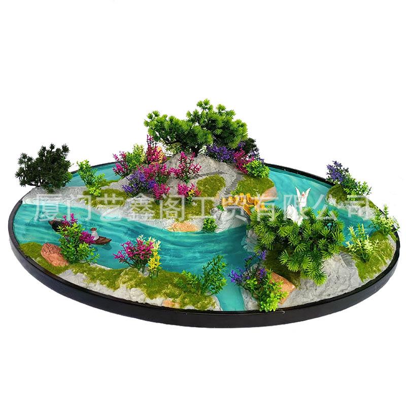 新中小桥流水高档酒大圆店桌造景餐桌中间件风景装饰转盘圆形摆微