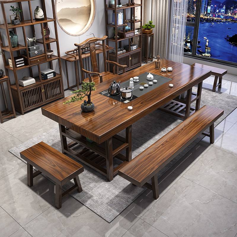 大板实木茶桌椅组合一桌五椅新中式原木茶几办公室家用泡茶台新品