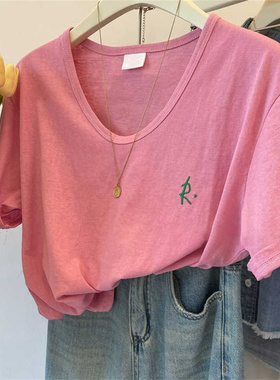 速发复古港味绣领松U绿色R字母棉麻t恤夏装宽刺百搭半袖上衣