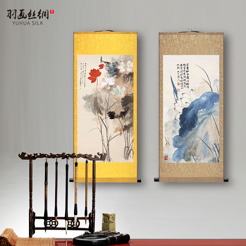 速发张大画荷花茶楼中堂字千国画廊鸟画走花装饰壁画丝绸水墨挂画