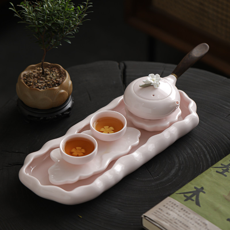 粉色捏花功夫茶具小套装日式女z士小型家用泡茶壶茶杯陶瓷蓄水茶