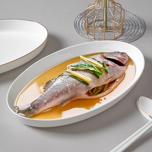 展丝骨瓷纯白无铅深鱼盘家用蒸鱼大号装 鱼盘子高档陶瓷微波炉餐具