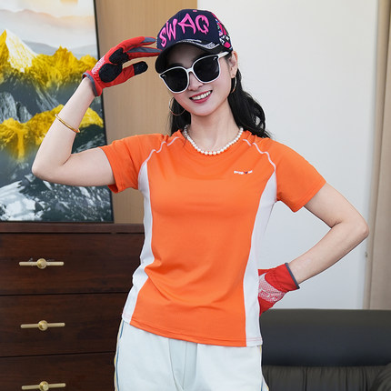 短袖女T恤夏季新款时尚拼色圆领上衣户外冰丝弹力透气排汗速干衣