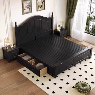 美式 奶629油风储物婚 实木床黑1.8米双人现床代简法约轻奢复古色式