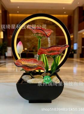跨境铁艺办公室桌面装饰品绿色荷叶带灯圈循环水流水摆件滴水假山