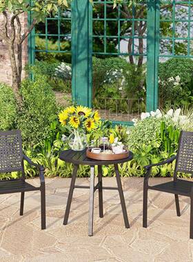 简约黑色花板靠背庭院休闲桌椅，铁艺靠背椅+圆桌组合桌椅
