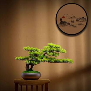 绿植盆栽仿真迎客松盆景直播间装饰软装新中式玄关摆件客厅电视柜