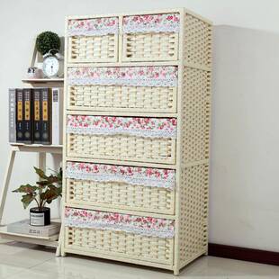 藤编抽屉式收纳柜床头柜五层衣物实木婴儿童宝宝衣柜储物柜子