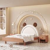 实木儿童床1.5m简约卡通风软包床男孩女孩红檀木单人床1.2米轻奢