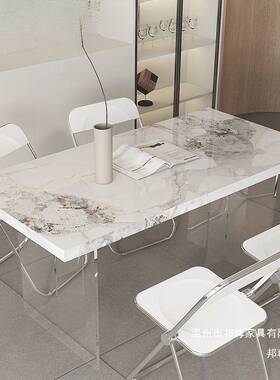 季辉元悬浮岛台意式极简亚克力岩板餐桌黑色轻奢长方形家用饭桌台