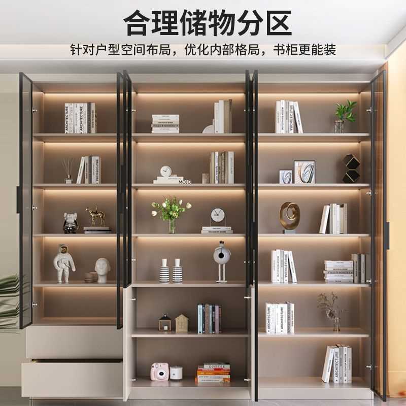 书柜一体到顶新中式书柜轻奢高档酒柜带玻璃门展示柜整墙书架