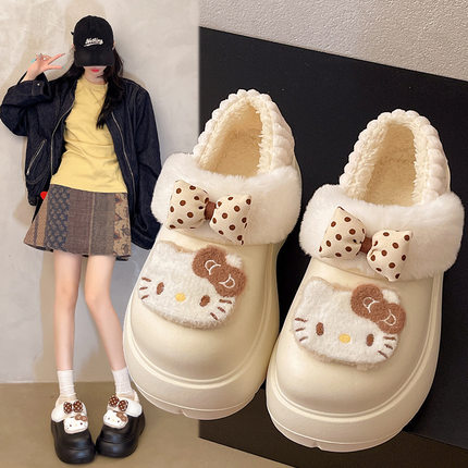 厚底包头棉拖鞋冬季女鞋新款卡通HelloKitty冬天保暖棉拖鞋女