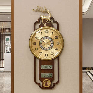 新款福鹿铜钟表挂钟客厅家用创意新中式大气万年历表挂墙石英钟壁