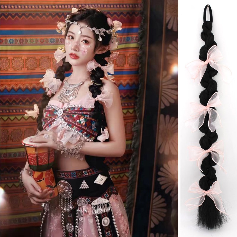 速发哈尼妆头饰藏族假发西子辫蝶结麻花马尾蝴双版纳云南旅拍新款