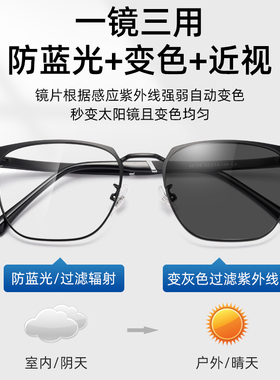速发变配近视男光可色度数防蓝光辐射自动感光半框平款丹近视镜