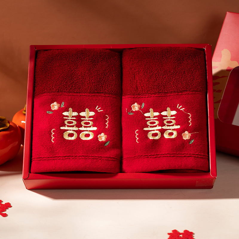 速发毛巾品婚一对纯棉红色嫁妆礼嫁礼盒新婚实用方回陪喜事用结大