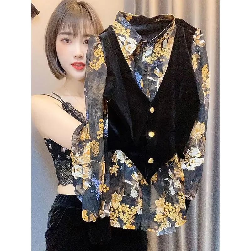 速发春装新款衣甲假两件设计感马气上洋时尚长袖衬衣