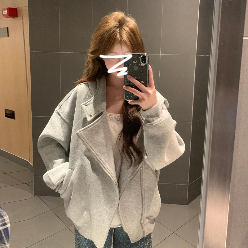 韩系设计感深秋初冬外套女秋冬季2024新款美式高级感灰色连帽卫衣