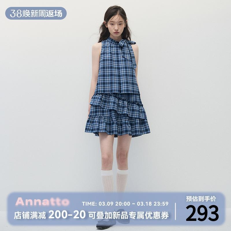 ANNATTO 不眠海 夏季蓝色格纹宽松显瘦无袖荷叶边蛋糕连衣裙女