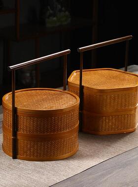 竹制手提双层篮，覆古篮，食品盒，有盖多层茶盒，功夫茶具收纳盒