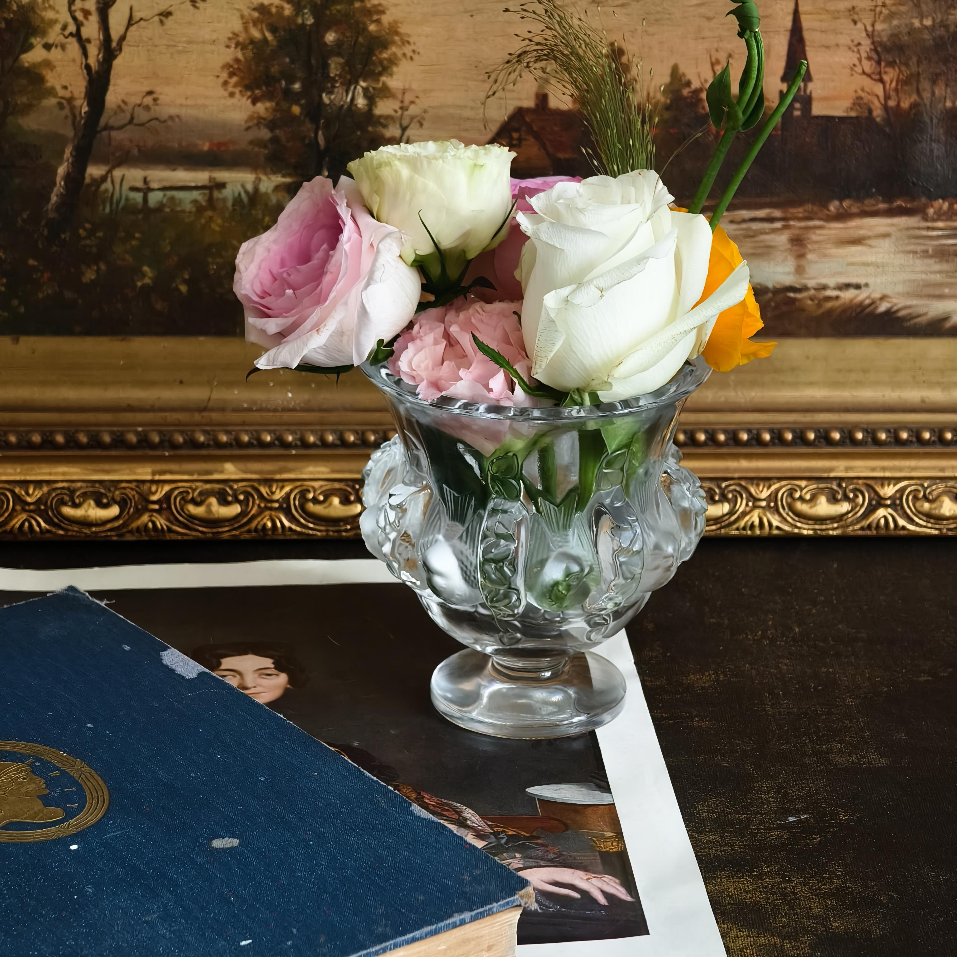 花瓶ins宫廷风莱俪水晶磨砂花鸟浮雕重工奢华高颜值中古插花摆件