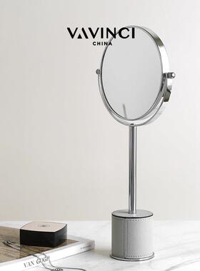 创意轻奢皮质金属镜子摆件北欧式样板房卧室梳妆台桌面装饰化妆镜