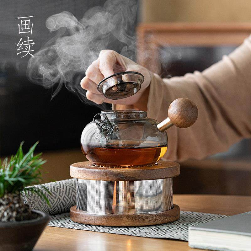 画续耐高温玻璃温茶炉蜡烛温茶器玻璃侧把壶酒精煮茶器煮茶炉茶壶
