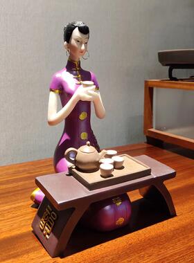 中式人物书架仕女工艺品家居办公室博古架装饰品禅意品茶女小摆件