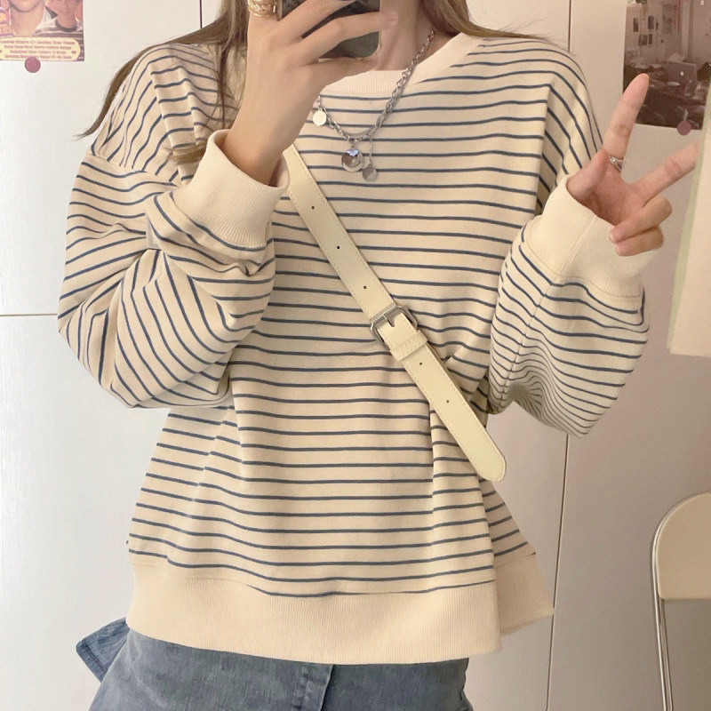 速发高级感条纹卫衣春秋薄款秋装0222年新宽款松ch港风早秋上衣