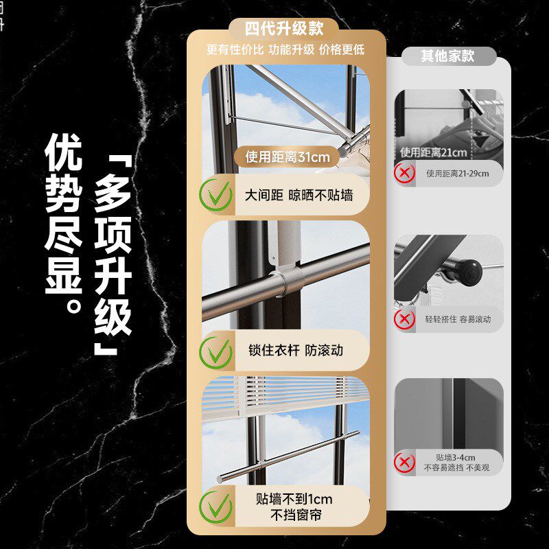 速发衣x挂晾z架壁台免打孔家用室内卫生间浴室厕所折叠凉晒杆神