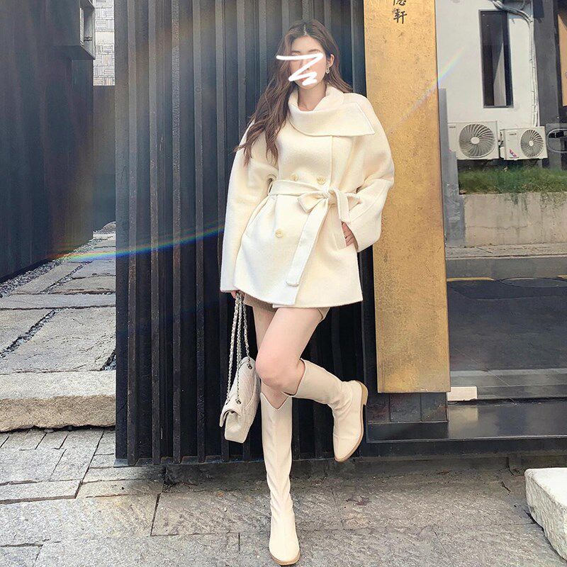 速发高级感加厚毛呢外套秋冬季2024新款收腰小个子短款白色呢子大