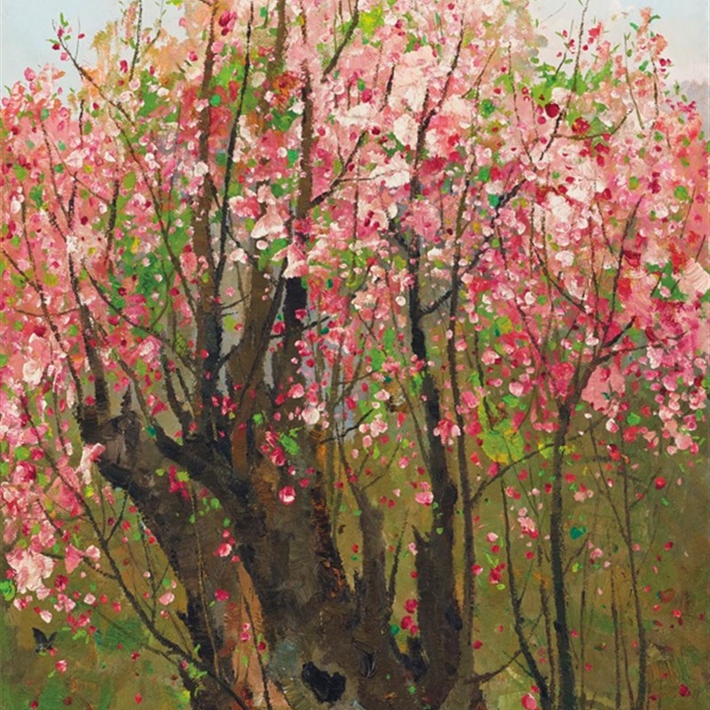 现货速发新中式玄关过道挂画吴冠中油画手绘品红梅花卉植物装饰画图片