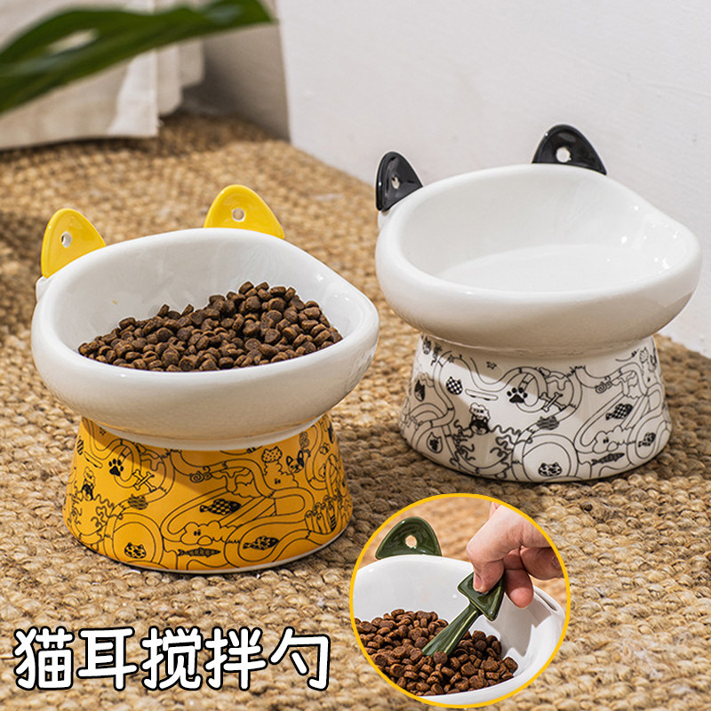 速发猫幼陶瓷防脚翻高打保护罐头碗带勺子狗食盆猫咪喝水碗碗猫犬